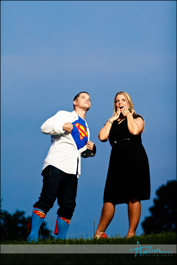 Super-Kris and his amazed Melissa Unique Raleigh engagement portrait photographer